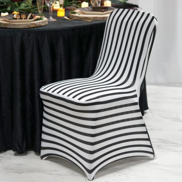 Black/White Striped Spandex Stretch Banquet and Fitted 300 Chair Cover - Picture 2 of 3